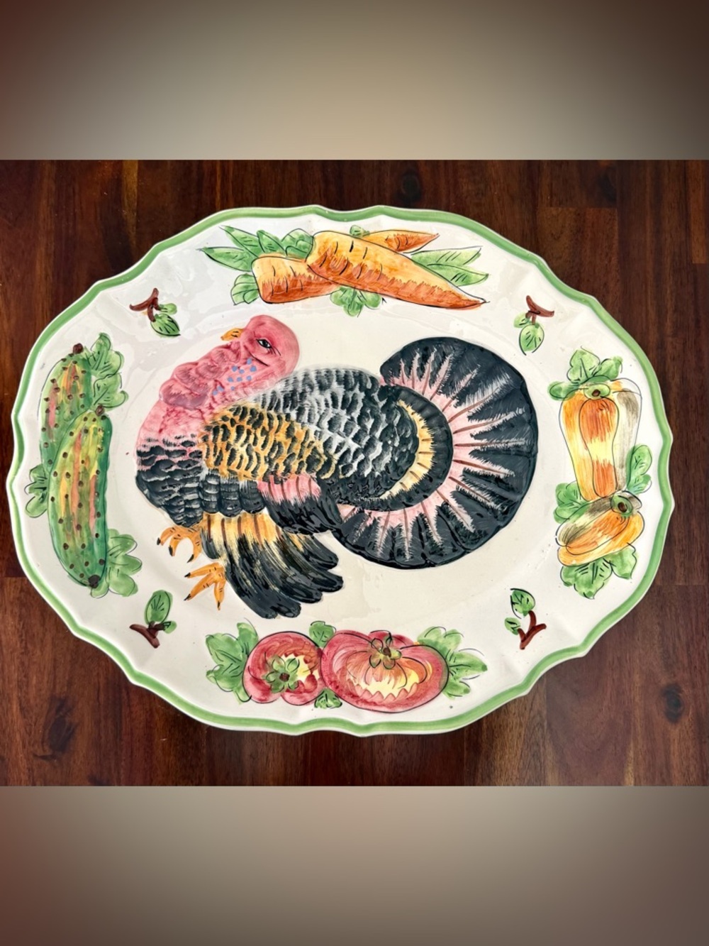 Artisan Ceramic Turkey Serving Platter in Pink, Black, Green and Orange